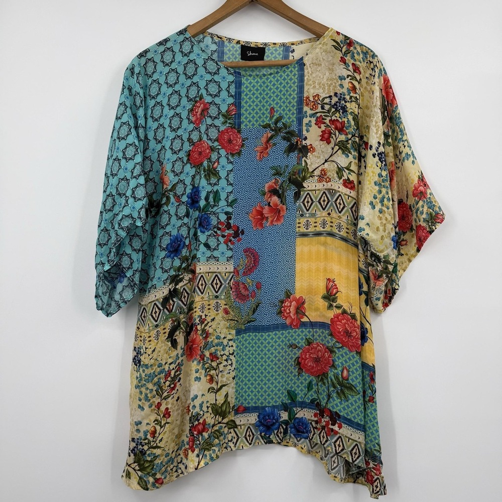 Shana Tunic Silk Blouse Womens Medium Multicolor Floral Kimono  Lightweight